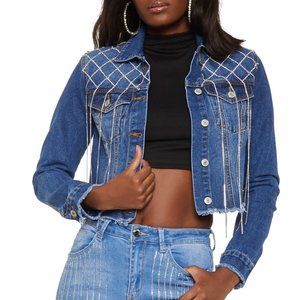 Distressed Jean Jacket with Rhinestone Fringe